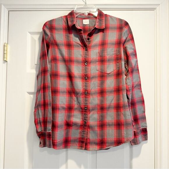 J Crew Gray Red The Perfect Button Long Sleeve 100% Cotton Flannel Shirt SMALL - Picture 3 of 12